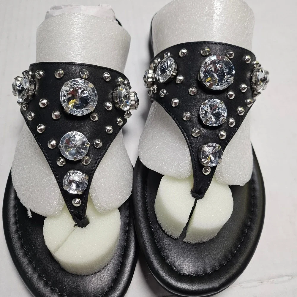 Marc Fisher‎ Womens Black Crystal Studded Thong Sandals Flat Slide Shoes 5.5M